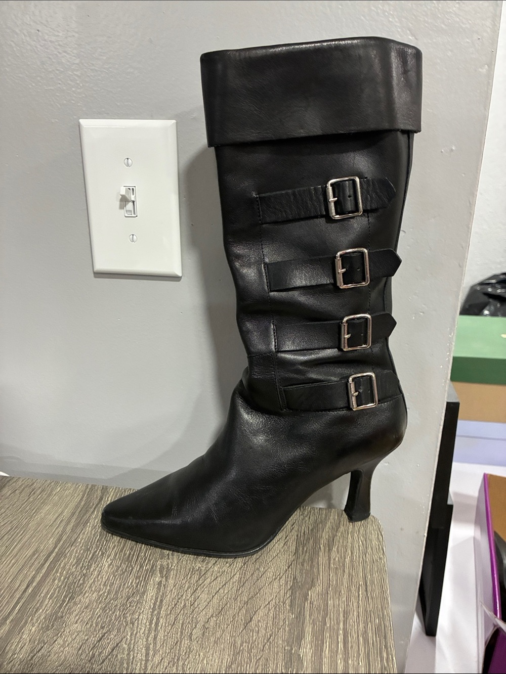 Apostrophe   Leather Black Pointed-Toe Mid-Calf Buckle Heeled Boots